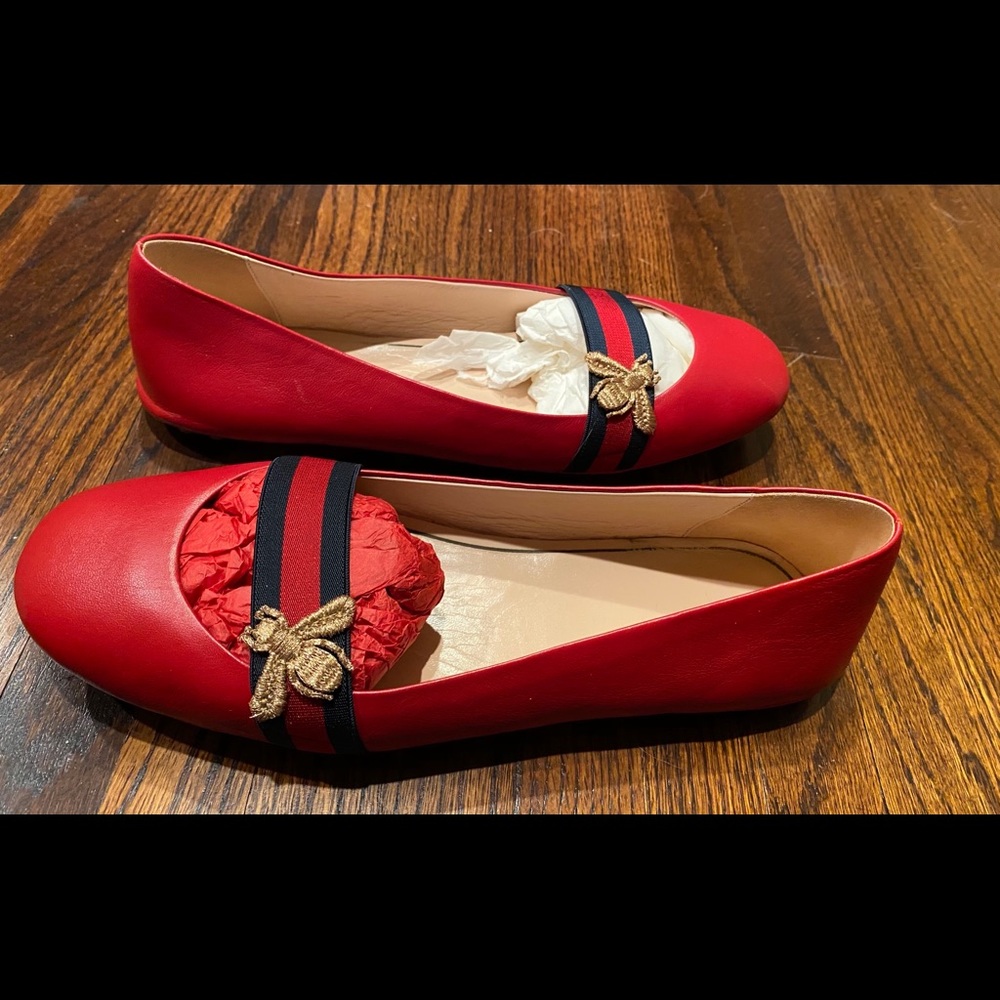 Gucci Red Flats with Gold Bee Accent